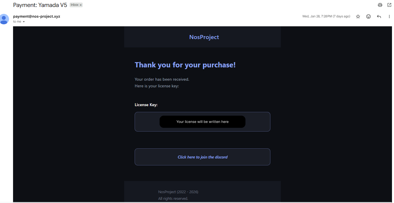 Purchase confirmation email showing license key