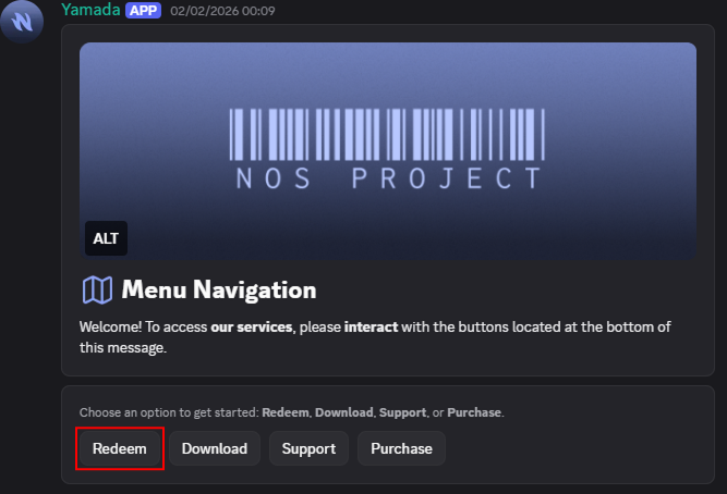 Discord bot showing the redeem button interface with license key input